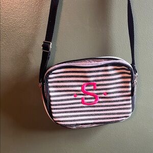 Thirty-One Black and White Striped Crossbody Bag with Pink Accent